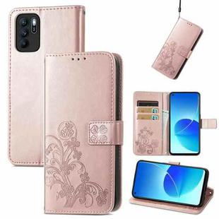 For OPPO Reno6 Z Four-leaf Clasp Embossed Buckle Mobile Phone Protection Leather Case with Lanyard & Card Slot & Wallet & Bracket Function(Rose Gold)
