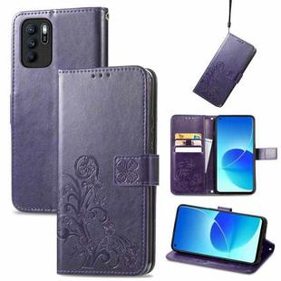 For OPPO Reno6 Z Four-leaf Clasp Embossed Buckle Mobile Phone Protection Leather Case with Lanyard & Card Slot & Wallet & Bracket Function(Purple)