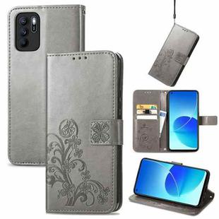 For OPPO Reno6 Z Four-leaf Clasp Embossed Buckle Mobile Phone Protection Leather Case with Lanyard & Card Slot & Wallet & Bracket Function(Grey)