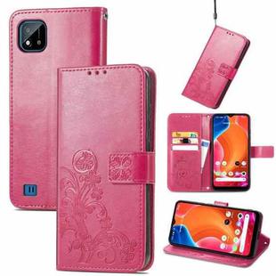 For OPPO Realme C20 Four-leaf Clasp Embossed Buckle Mobile Phone Protection Leather Case with Lanyard & Card Slot & Wallet & Bracket Function(Magenta)