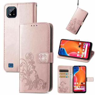 For OPPO Realme C20 Four-leaf Clasp Embossed Buckle Mobile Phone Protection Leather Case with Lanyard & Card Slot & Wallet & Bracket Function(Rose Gold)