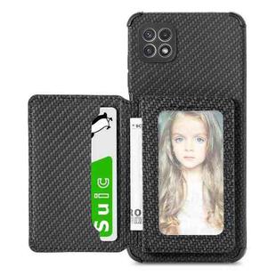 For Samsung Galaxy A22 5G Carbon Fiber Magnetic Card Bag TPU+PU Shockproof Back Cover Case with Holder & Card Slot & Photo Frame(Black)