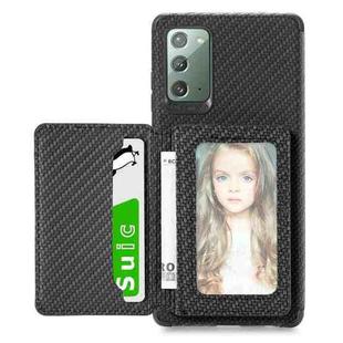 For Samsung Galaxy Note20 Carbon Fiber Magnetic Card Bag TPU+PU Shockproof Back Cover Case with Holder & Card Slot & Photo Frame(Black)