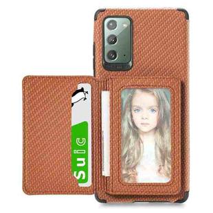 For Samsung Galaxy Note20 Carbon Fiber Magnetic Card Bag TPU+PU Shockproof Back Cover Case with Holder & Card Slot & Photo Frame(Brown)