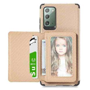 For Samsung Galaxy Note20 Carbon Fiber Magnetic Card Bag TPU+PU Shockproof Back Cover Case with Holder & Card Slot & Photo Frame(Khaki)