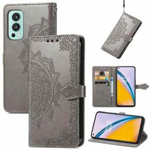 For OnePlus Nord 2 5G Mandala Embossing Pattern Horizontal Flip Leather Case with Holder & Card Slots & Wallet & Lanyard(Grey)