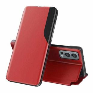 For OnePlus Nord 2 5G Side Display Magnetic Shockproof Horizontal Flip Leather Case with Holder(Red)