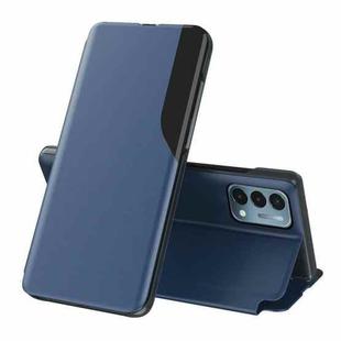 For OnePlus Nord N200 5G Side Display Magnetic Shockproof Horizontal Flip Leather Case with Holder(Blue)