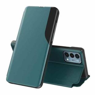 For OnePlus Nord N200 5G Side Display Magnetic Shockproof Horizontal Flip Leather Case with Holder(Green)