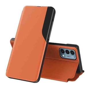 For OnePlus Nord N200 5G Side Display Magnetic Shockproof Horizontal Flip Leather Case with Holder(Orange)