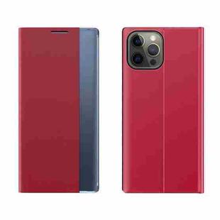 Fo riPhone 13 Pro Max Side Window Display Magnetic Suction Plain Grain Flip PU Leather + PC Case with Holder(Red)