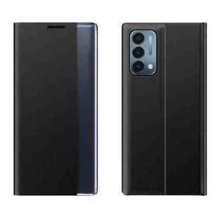 For OnePlus Nord N200  5G Side Window Display Magnetic Suction Plain Grain Flip PU Leather + PC Case with Holder(Black)