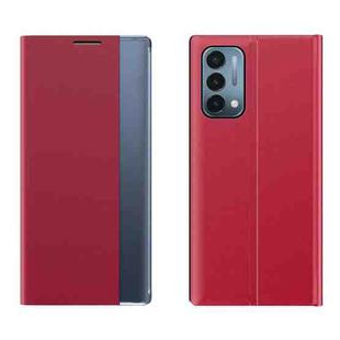 For OnePlus Nord N200  5G Side Window Display Magnetic Suction Plain Grain Flip PU Leather + PC Case with Holder(Red)