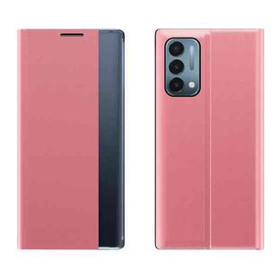 For OnePlus Nord N200  5G Side Window Display Magnetic Suction Plain Grain Flip PU Leather + PC Case with Holder(Pink)
