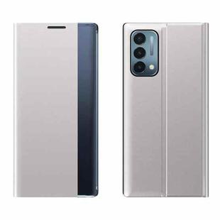 For OnePlus Nord N200  5G Side Window Display Magnetic Suction Plain Grain Flip PU Leather + PC Case with Holder(Silver)