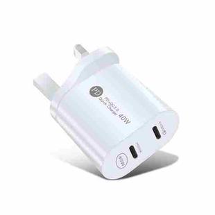 002 40W Dual Port PD USB-C / Type-C Fast Charger for iPhone / iPad Series, UK Plug(White)