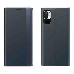 For Xiaomi Redmi Note 10 5G / Poco M3 Pro Side Window Display Magnetic Suction Plain Grain Flip PU Leather + PC Case with Holder(Dark Blue)