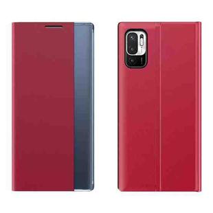 For Xiaomi Redmi Note 10 5G / Poco M3 Pro Side Window Display Magnetic Suction Plain Grain Flip PU Leather + PC Case with Holder(Red)