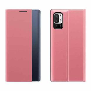 For Xiaomi Redmi Note 10 5G / Poco M3 Pro Side Window Display Magnetic Suction Plain Grain Flip PU Leather + PC Case with Holder(Pink)
