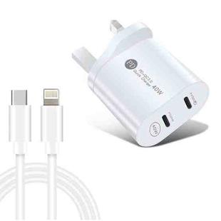 002 40W Dual Port PD / Type-C Fast Charger with USB-C to 8 Pin Data Cable, UK Plug(White)