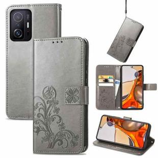 For Xiaomi Mi 11T / 11T Pro Four-leaf Clasp Embossed Leather Case with Lanyard & Card Slot & Wallet & Holder(Grey)