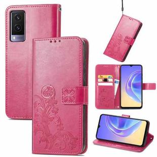 For vivo V21e 5G Four-leaf Clasp Embossed Leather Case with Lanyard & Card Slot & Wallet & Holder(Rose Red)