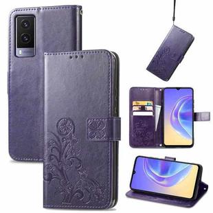 For vivo V21e 5G Four-leaf Clasp Embossed Leather Case with Lanyard & Card Slot & Wallet & Holder(Purple)