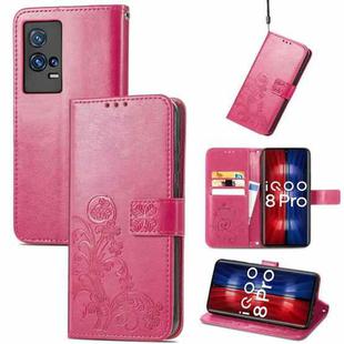 For vivo IQOO 8 Pro Four-leaf Clasp Embossed Leather Case with Lanyard & Card Slot & Wallet & Holder(Rose Red)