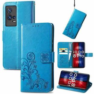For vivo IQOO 8 Pro Four-leaf Clasp Embossed Leather Case with Lanyard & Card Slot & Wallet & Holder(Blue)