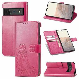For Google Pixel 6 Four-leaf Clasp Embossed Leather Case with Lanyard & Card Slot & Wallet & Holder(Magenta)