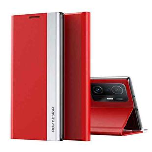 For Xiaomi Mi 11T / 11T Pro Side Electroplated Magnetic Ultra-Thin Horizontal Flip Leather Case with Holder(Red)