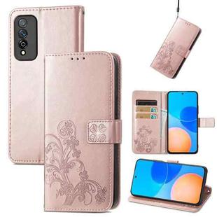 For Honor Play 5T Pro Four-leaf Clasp Embossed Leather Case with Lanyard & Card Slot & Wallet & Holder(Rose Gold)