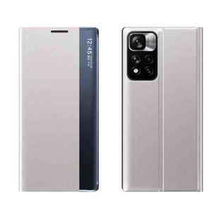 International Version For Xiaomi Redmi Note 11 Pro / Note 11 Pro+ Side Display Magnetic Plain Texture Cloth + PC Case with Holder(Silver)