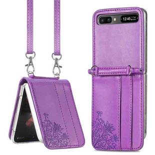 For Samsung Galaxy Z Flip 5G Diagonal Lanyard Embossed Card Phone Case(Purple)