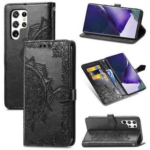 For Samsung Galaxy S22 Ultra 5G Mandala Flower Embossed Horizontal Flip Leather Case with Holder & Card Slots & Wallet & Lanyard(Black)