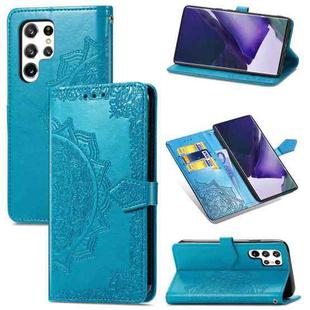 For Samsung Galaxy S22 Ultra 5G Mandala Flower Embossed Horizontal Flip Leather Case with Holder & Card Slots & Wallet & Lanyard(Blue)