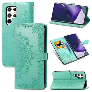 For Samsung Galaxy S22 Ultra 5G Mandala Flower Embossed Horizontal Flip Leather Case with Holder & Card Slots & Wallet & Lanyard(Green)
