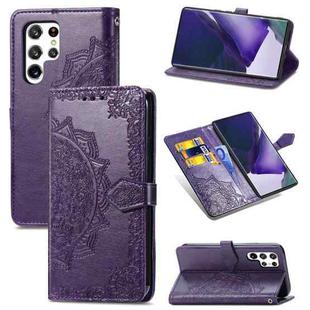 For Samsung Galaxy S22 Ultra 5G Mandala Flower Embossed Horizontal Flip Leather Case with Holder & Card Slots & Wallet & Lanyard(Purple)