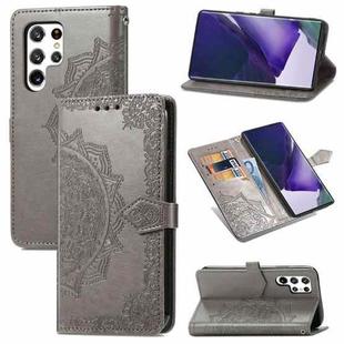 For Samsung Galaxy S22 Ultra 5G Mandala Flower Embossed Horizontal Flip Leather Case with Holder & Card Slots & Wallet & Lanyard(Gray)