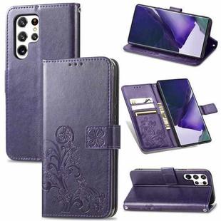 For Samsung Galaxy S22 Ultra 5G Four-leaf Clasp Embossed Leather Phone Case with Lanyard & Card Slot & Wallet & Bracket Function(Purple)