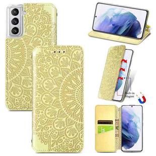 For Samsung Galaxy S22 5G Blooming Mandala Embossed Magnetic Horizontal Flip Leather Case with Holder & Card Slots & Wallet(Yellow)