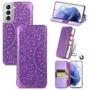 For Samsung Galaxy S22+ 5G Blooming Mandala Embossed Magnetic Horizontal Flip Leather Case with Holder & Card Slots & Wallet(Purple)