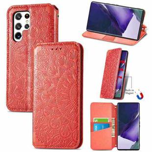 For Samsung Galaxy S22 Ultra 5G Blooming Mandala Embossed Magnetic Horizontal Flip Leather Case with Holder & Card Slots & Wallet(Red)