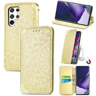 For Samsung Galaxy S22 Ultra 5G Blooming Mandala Embossed Magnetic Horizontal Flip Leather Case with Holder & Card Slots & Wallet(Yellow)