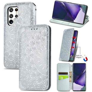 For Samsung Galaxy S22 Ultra 5G Blooming Mandala Embossed Magnetic Horizontal Flip Leather Case with Holder & Card Slots & Wallet(Silver)