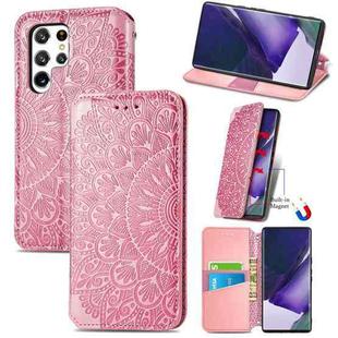 For Samsung Galaxy S22 Ultra 5G Blooming Mandala Embossed Magnetic Horizontal Flip Leather Case with Holder & Card Slots & Wallet(Pink)