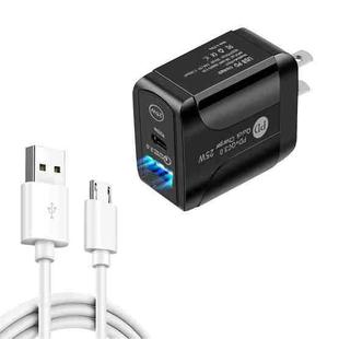 PD25W USB-C / Type-C + QC3.0 Dual Ports Fast Charger with USB to Micro USB Data Cable, US Plug(Black)