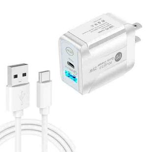 PD25W USB-C / Type-C + QC3.0 USB Dual Ports Fast Charger with USB to Type-C Data Cable, US Plug(White)
