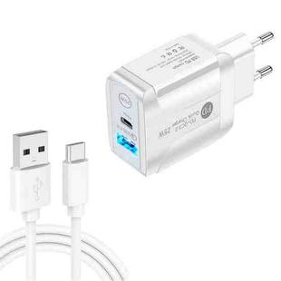 PD25W USB-C / Type-C + QC3.0 USB Dual Ports Fast Charger with USB to Type-C Data Cable, EU Plug(White)
