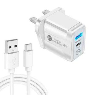 PD25W USB-C / Type-C + QC3.0 USB Dual Ports Fast Charger with USB to Type-C Data Cable, UK Plug(White)